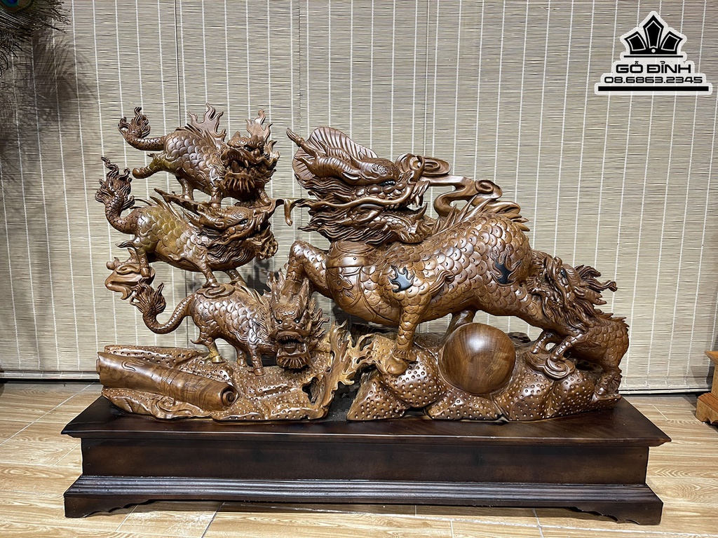 Tượng Kỳ Lân (Ngũ Lân) Gỗ Xá Xị (Gù Hương) Cao 50 Ngang 90 Sâu 26 (cm)