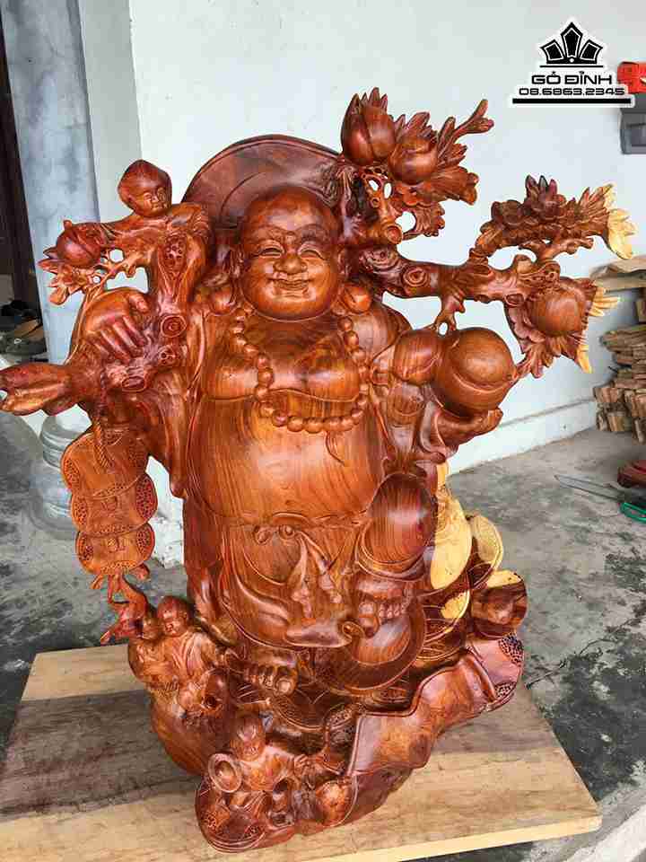 Tượng Phật Di Lặc Vác Cành Đào Gỗ Hương  Cao 83 Rộng 62 Dày 36 (cm)