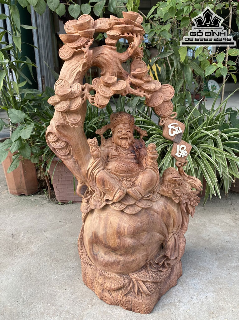 Tượng Thần Tài Ngồi Bao Tiền Gỗ Hương Việt Cao 65 Ngang 36 Sâu 21 (cm)