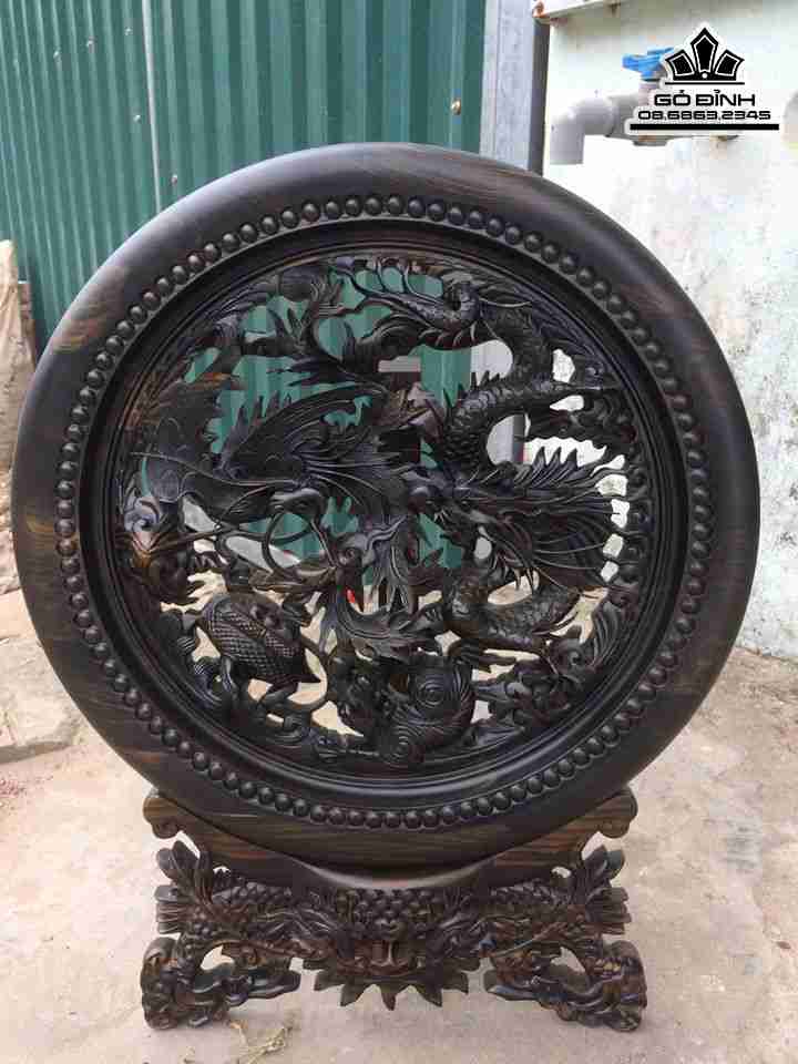 Đĩa Tứ Linh Gỗ Mun  Cao 50 Dày 5 (cm)