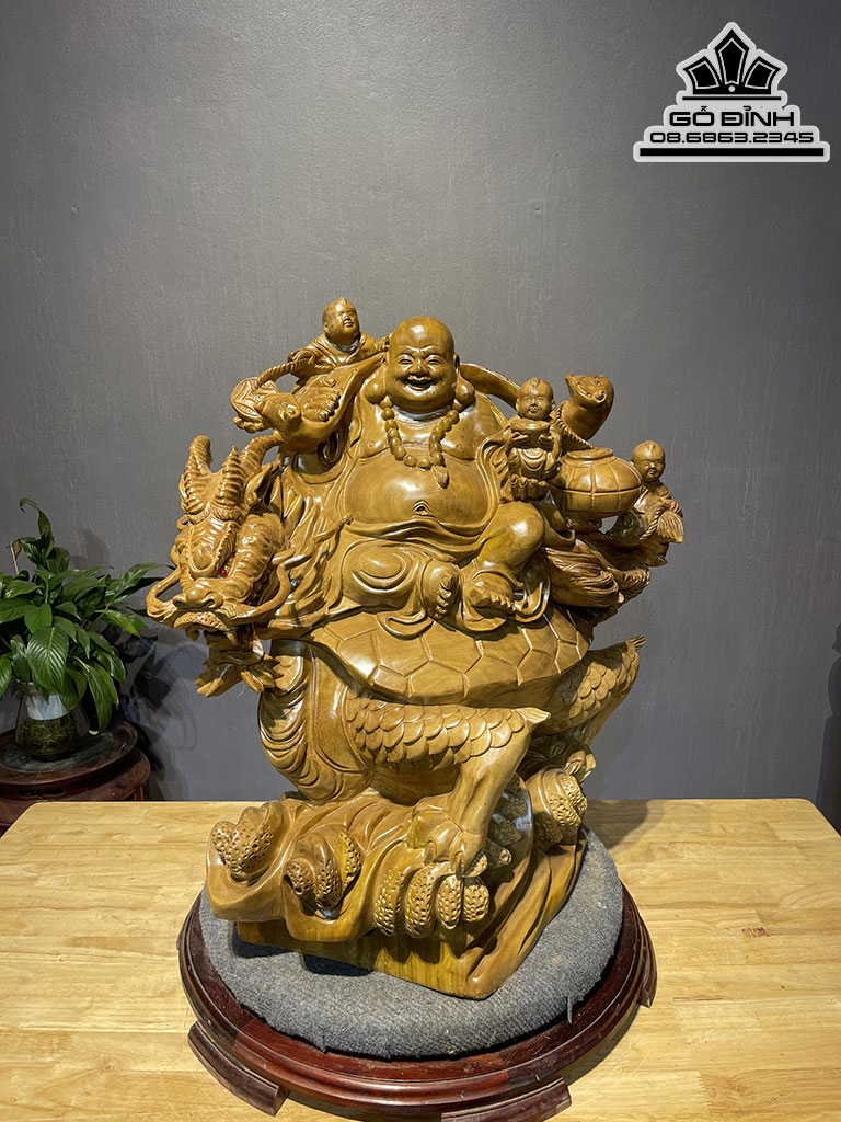 Tượng Phật Di Lặc Ngồi Long Quy Gỗ Xá Xị (Gù  Hương) Cao 63 Ngang 60 Sâu 30 (cm)