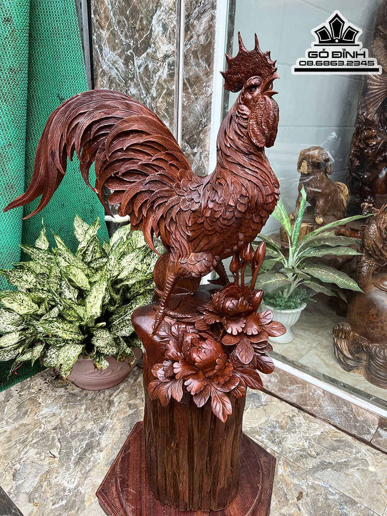 Tượng Gà Trống (Nhất Kê) Gỗ Hương Cao 105 Ngang 60 Sâu 38 (cm)