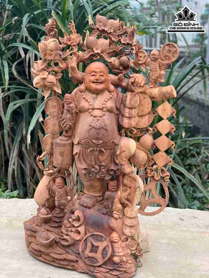 Tượng Phật Di Lặc Vác Cành Đào Ngũ Phúc Gỗ Hương  Cao 123 Rộng 80 Dày 50 (cm)