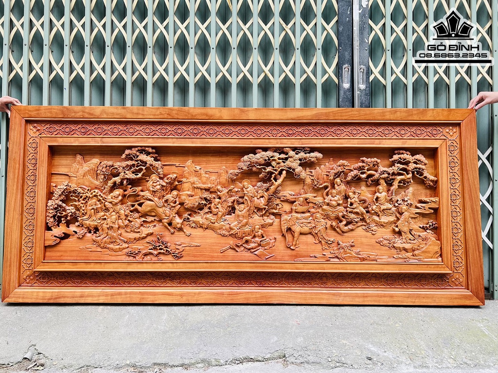 Tranh Thập Bát La Hán Gỗ Hương Cao 96 Ngang 231 Dày 7 (cm)