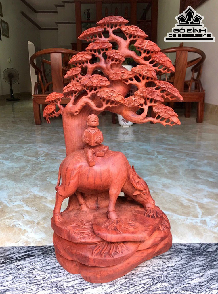 Tượng Tiểu Đồng Chăn Trâu Gỗ Hương Việt Cao 67 Ngang 42 Sâu 25 (cm)