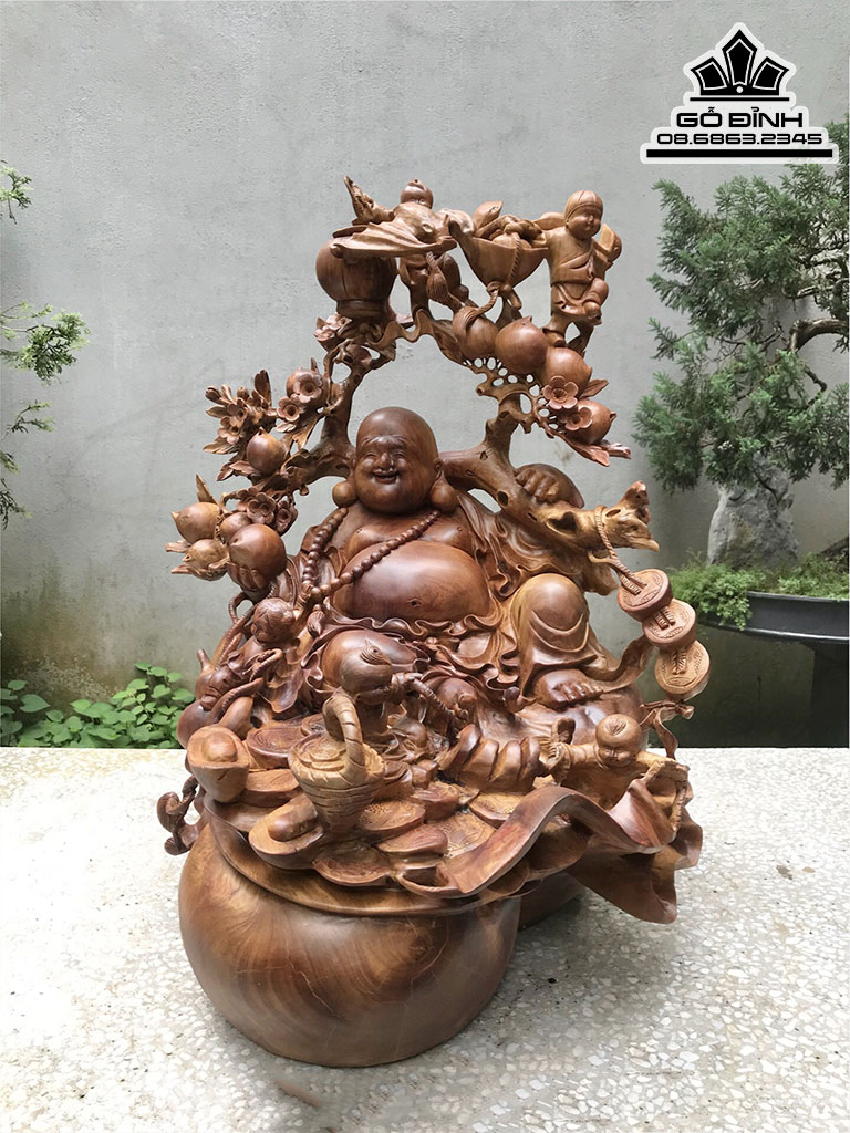 Tượng Phật Di Lặc Vác Cành Đào Gỗ Hương Cao 70 Ngang 62 Sâu 52 (cm