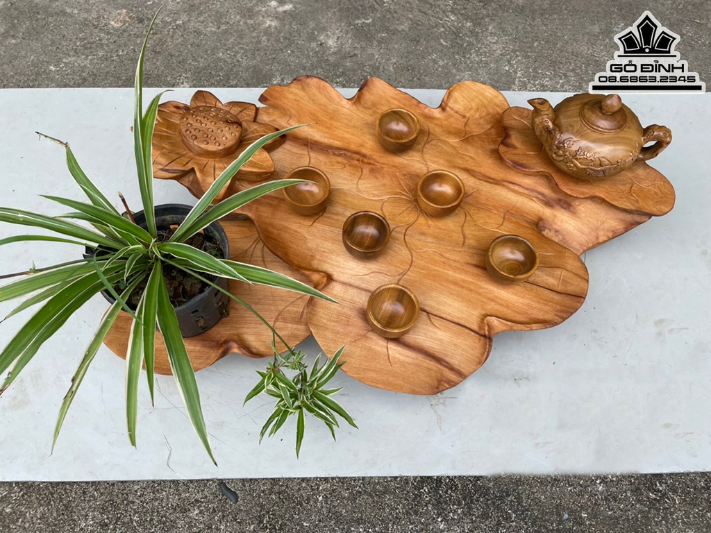 Khay Trà Đục Lá Hoa Sen Gỗ Ngọc Am Cao 16 Ngang 65 Sâu 38 (cm)