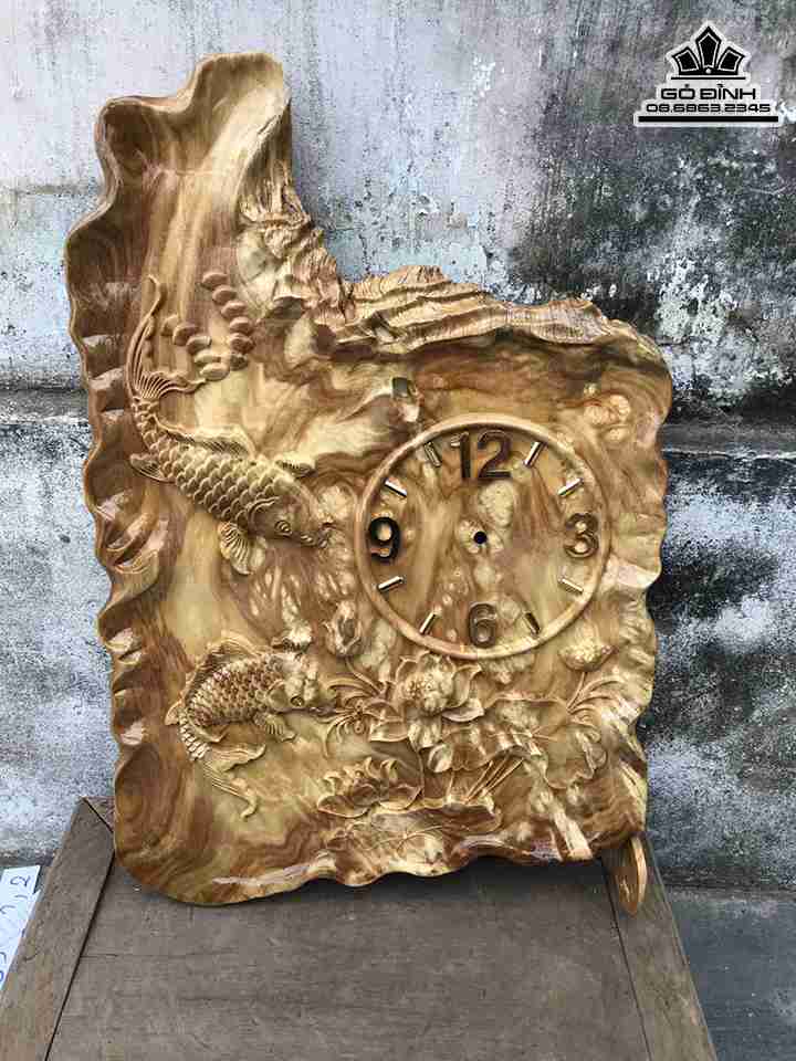 Đồng Hồ Song Ngư Gỗ Nu Nghiến  Cao 59 Rộng 40 Dày 2.2 (cm)