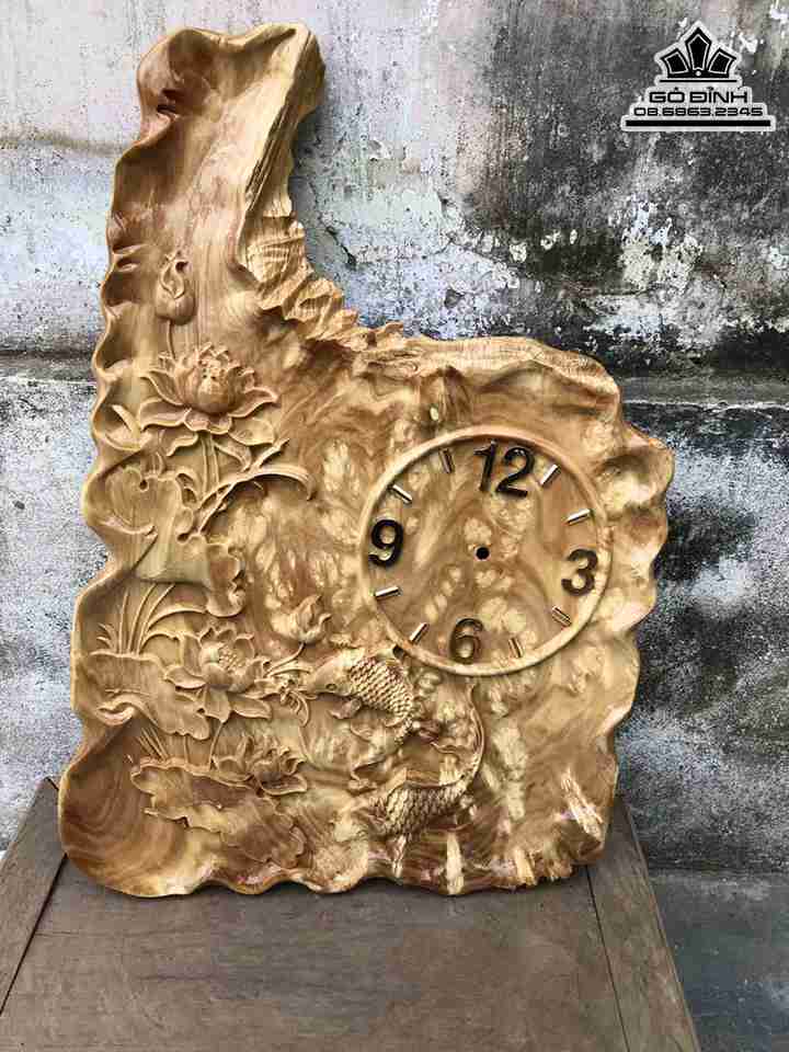 Đồng Hồ Song Ngư Gỗ Nu Nghiến  Cao 58 Rộng 40 Dày 2.3 (cm)