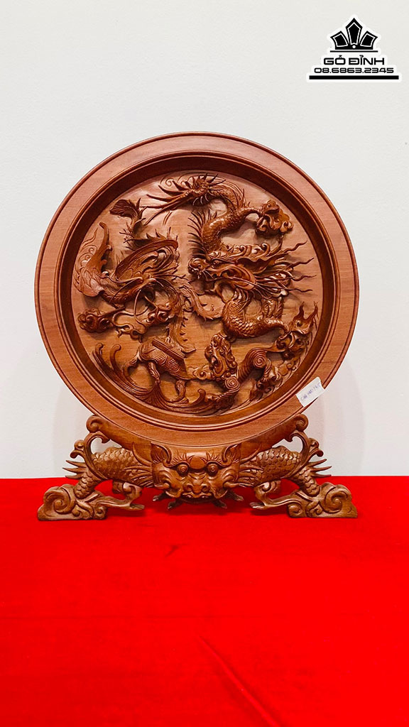 Đĩa Tứ Linh Gỗ Hương Đá Cao 48 Đường Kính 40 Dày 3.5 (cm)