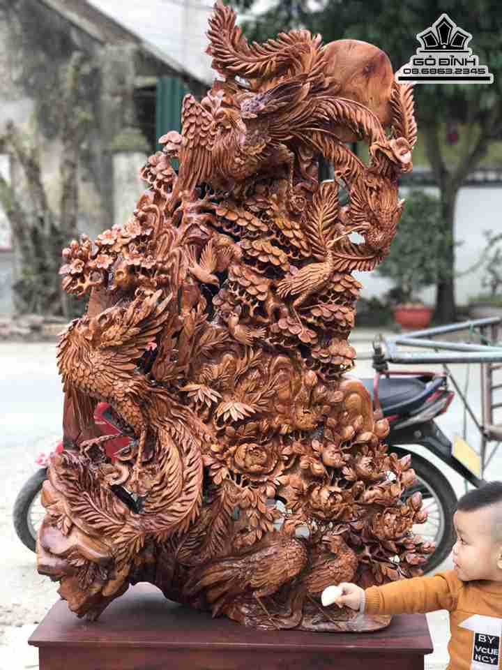 Tượng Song Phượng Uyên Ương Gỗ Hương  Cao 193 Rộng 90 Dày 40 (cm)