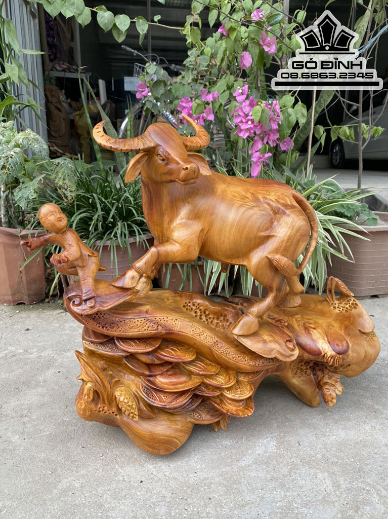 Tượng Tiểu Đồng Chăn Trâu Gỗ Hương Việt Cao 48 Ngang 55 Sâu 26 (cm)