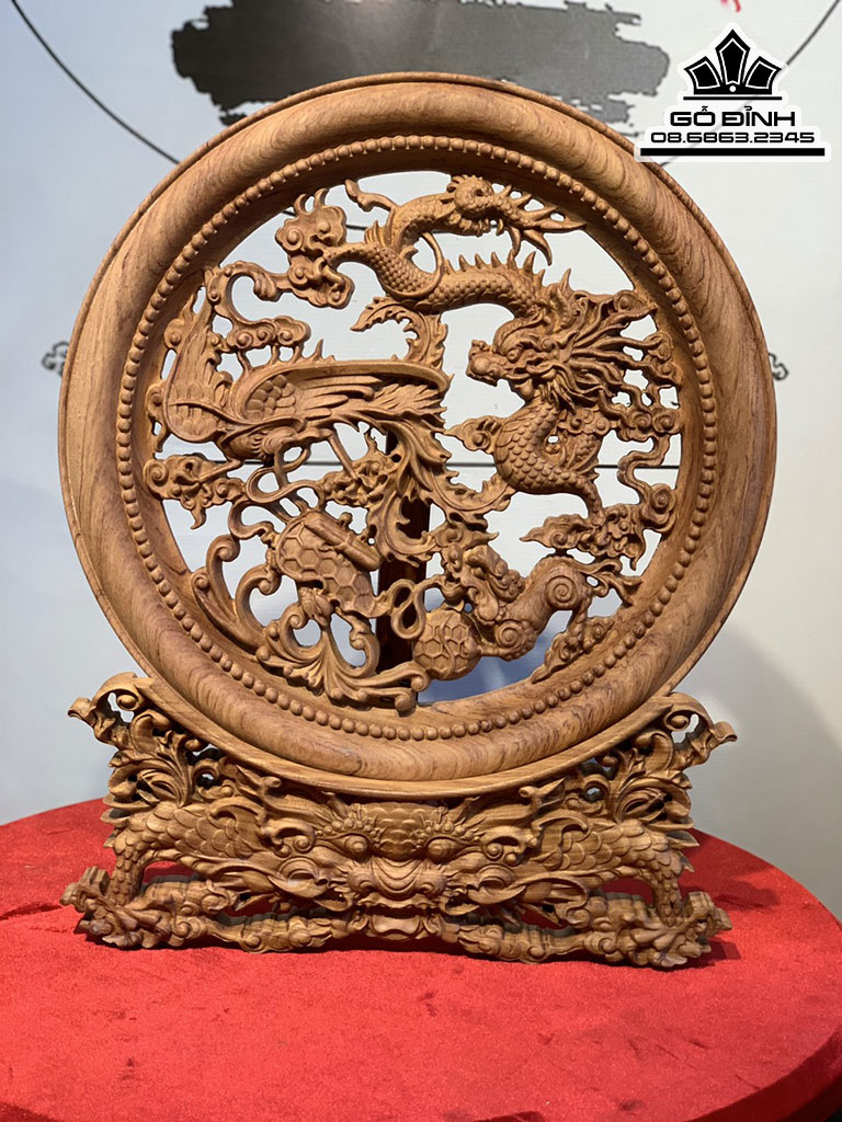 Đĩa Tứ Linh Gỗ Hương Đá Cao 48 Đường Kính 39 (cm)