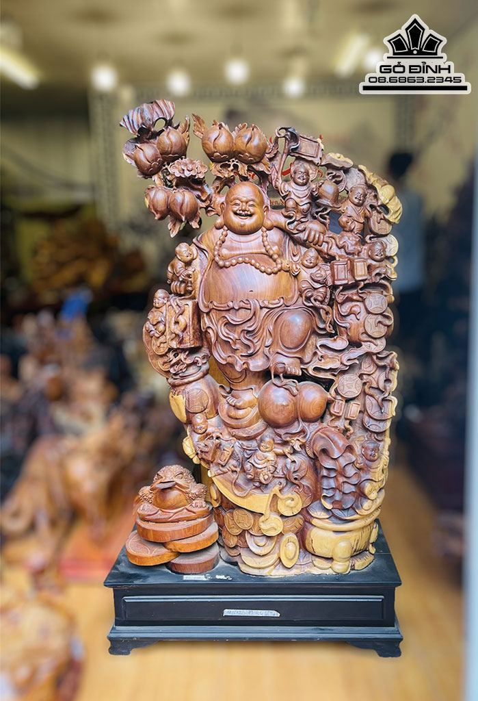 Tượng Phật Di Lặc Cửu Phúc Gỗ Hương Việt Cao 120 Ngang 75 Sâu 40 Cả Kỷ 140 (cm)