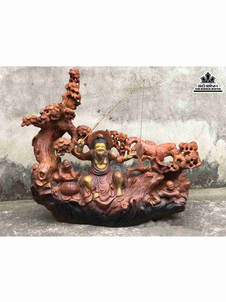 Tượng Lã Vọng Câu Cá Gỗ Hương  Cao 64 Rộng 70 Dày 20 (cm)