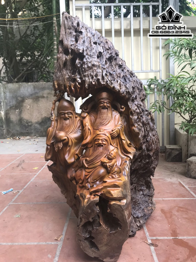 Tượng Phúc Lộc Thọ (Tam Đa) Gỗ Bách Xanh Nguyên Khối Cao 108 Ngang 60 Sâu 46 (cm)