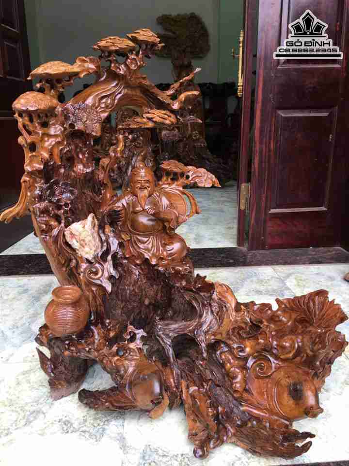 Tượng Lã Vọng Câu Cá Gỗ Bách Xanh  Cao 86 Rộng 66 Dày 55 (cm)