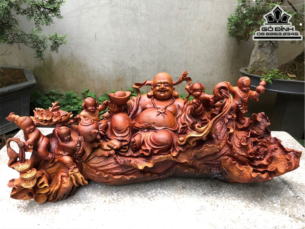 Tượng Di Lặc Vác Cành Đào Gỗ Hương Việt Cao 105 Ngang 130 Sâu 76 (cm)