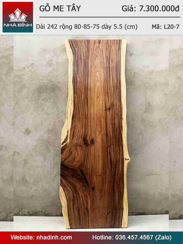 Mặt Bàn Gỗ Me Tây Nguyên Khối Dài 242 Rộng 80-85-75 Dày 5,5 (cm)