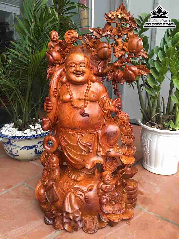 Tượng Phật Di Lặc Vác Cành Đào Gỗ Hương  Cao 87 Rộng 51 Dày 34 (cm)