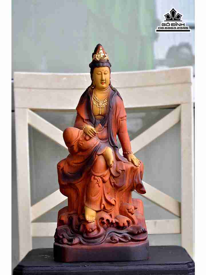 Tượng Phật Bà Quan Âm Gỗ Bách Xanh  Cao 40 Rộng 16 Dày 12 (cm)