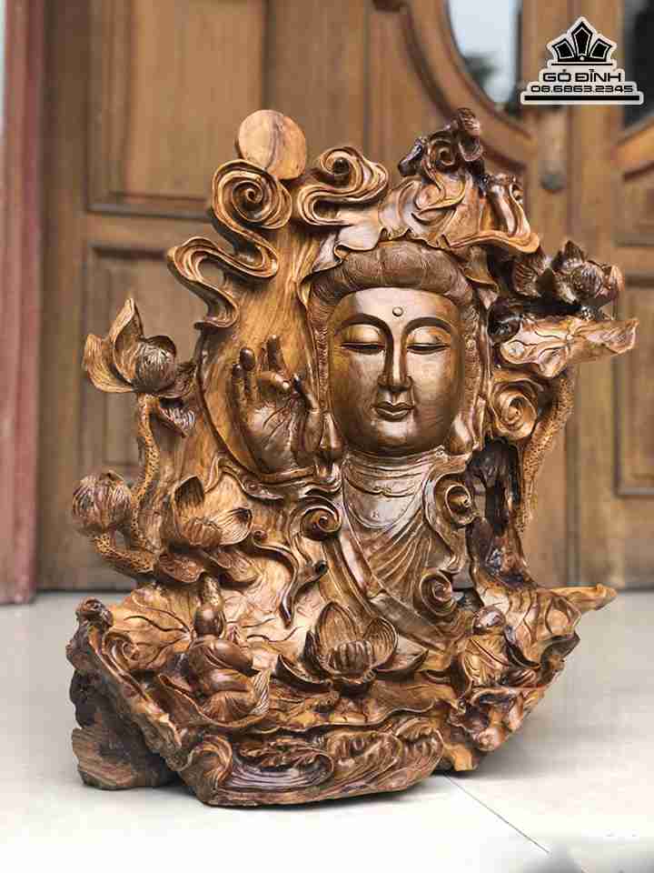 Tượng Diện Phật Gỗ Bách Xanh  Cao 58 Rộng 52 Dày 23 (cm)
