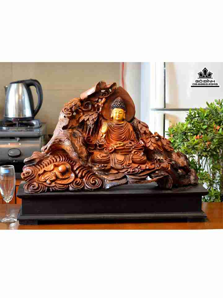 Tượng Phật Tổ Ngồi Thiền Gỗ Bách Xanh  Ngang 65 Cao 48 Dày 20 (cm)