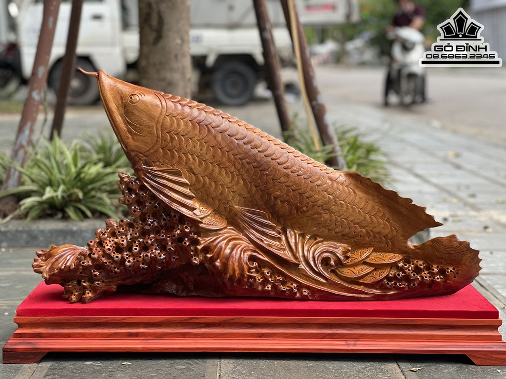 Tượng Cá Kim Long Gỗ Hương Việt Nguyên Khối Cao 41 Ngang 78 Sâu 22 (cm)