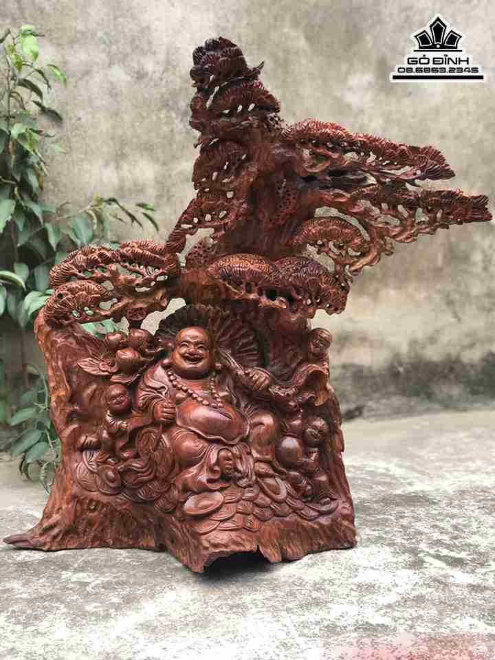 Tượng Phật Di Lặc Ngồi Gốc Tùng Gỗ Trắc  Cao 60 Rộng 55 Dày 29 (cm)