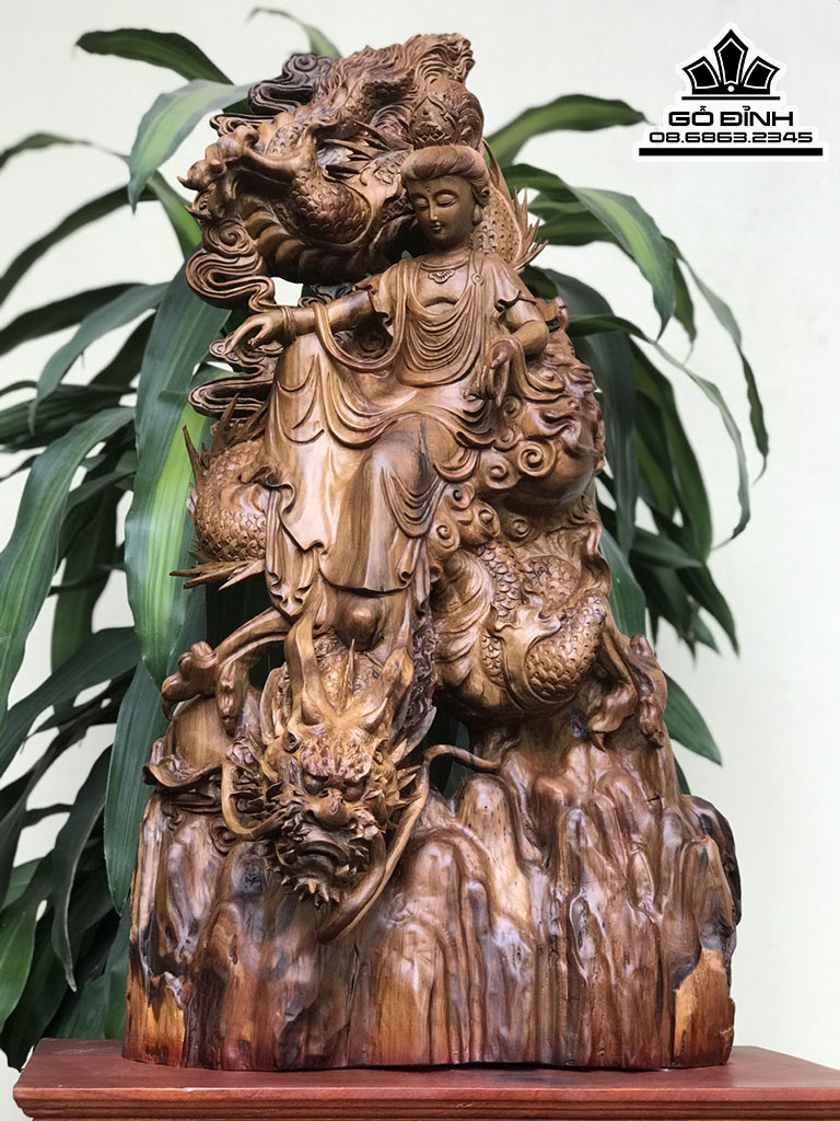 Tượng Phật Bà Cưỡi Rồng Gỗ Bách Xanh Cả Kỷ Cao 98 Ngang 45 Sâu 28 (cm)