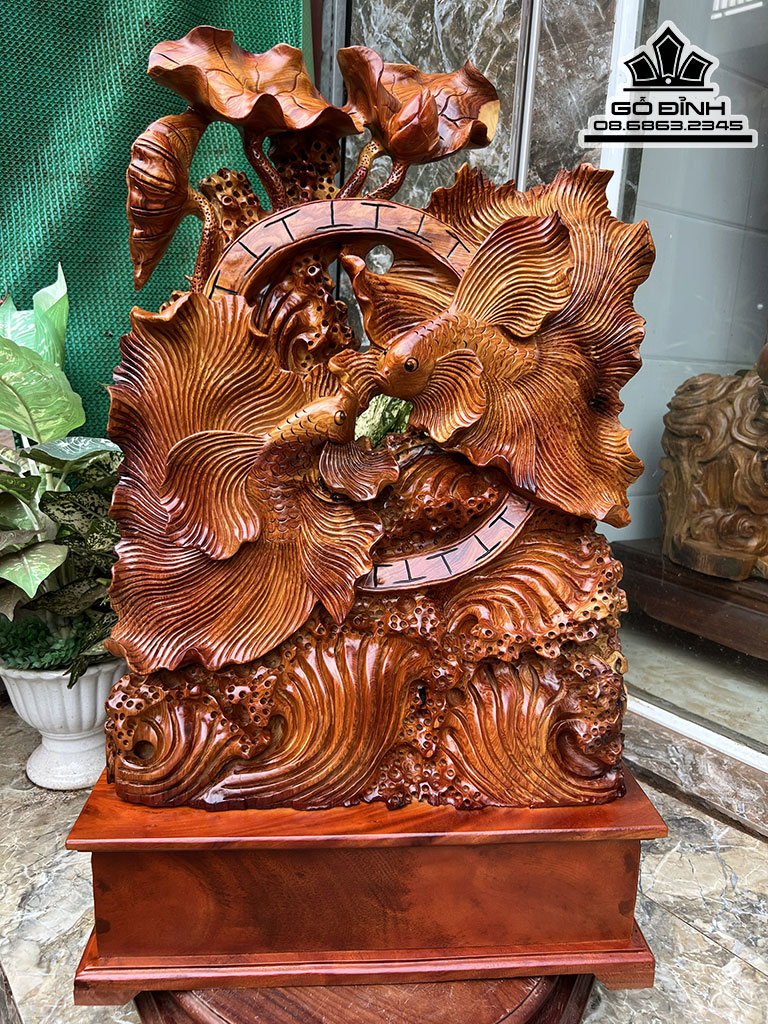 Tượng Cá Xiêm Uyên Ương Gỗ Hương Nguyên Khối Cao 75 Ngang 48 Sâu 15 (cm)