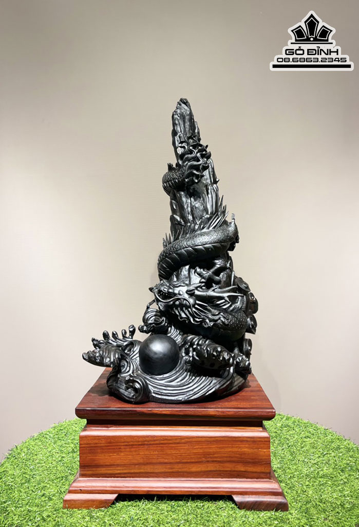 Tượng Nhất Long Gỗ Mun Sừng Khánh Hòa Cao 55 Ngang 32 Sâu 26 Cả Kỷ Cao 70 (cm)