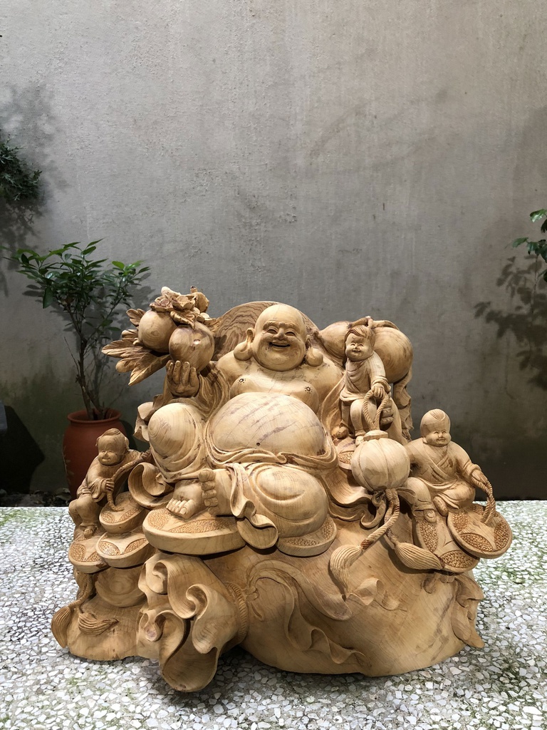 Tượng Phật Di Lặc Ngồi Bao Tiền Gỗ Ngọc Am Cao 40 Ngang 68 Sâu 26 (cm)