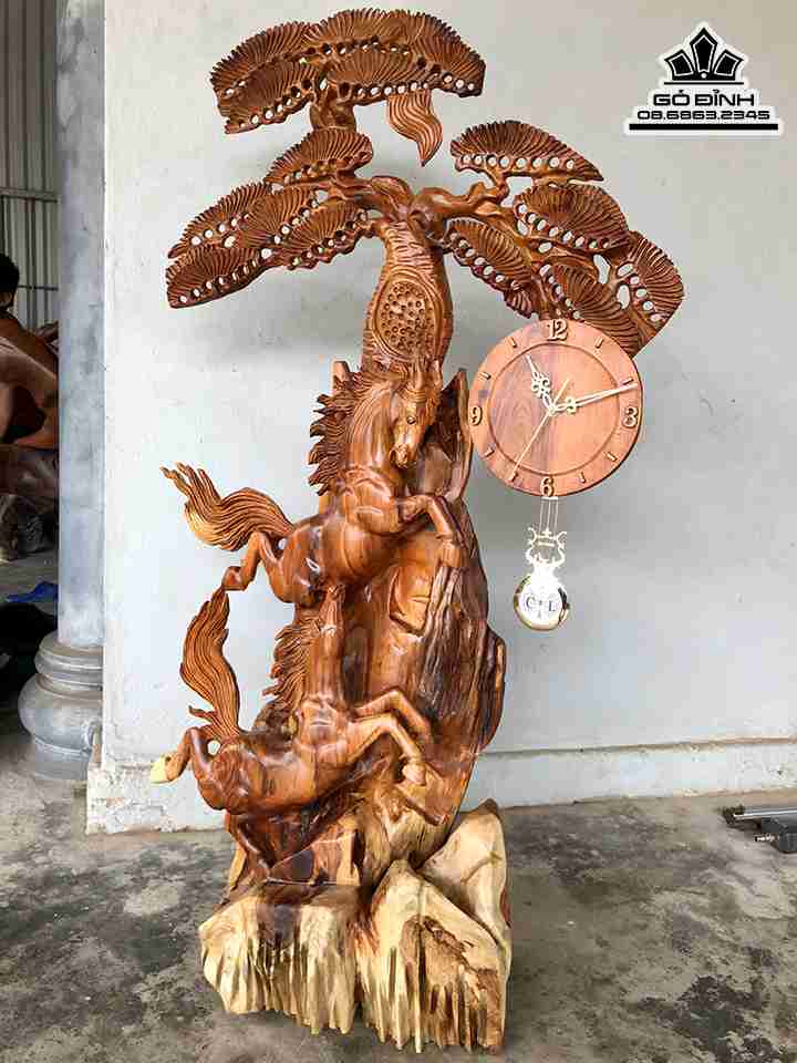 Tượng Song Mã Uyên Ương Gỗ Hương  Cao 117 Rộng 65 Dày 37 (cm)