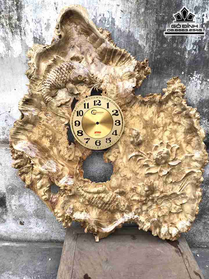 Đồng Hồ Song Ngư Gỗ Nu Nghiến  Cao 88 Rộng 75 Dày 3 (cm)