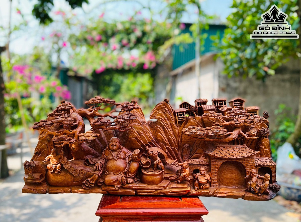 Tượng Tiểu Cảnh Phật Di Lặc Gỗ Hương Việt Nguyên Khối Cao 30 Ngang 80 Sâu 15 (cm)