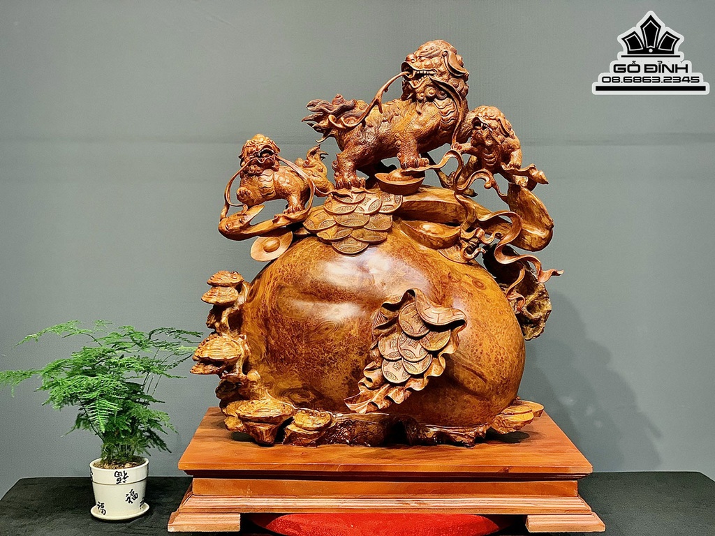 Tượng Tam Nghê Gỗ Nu Hương Cao 66 Ngang 61 Sâu 39 Cả Kỷ 76 (cm)