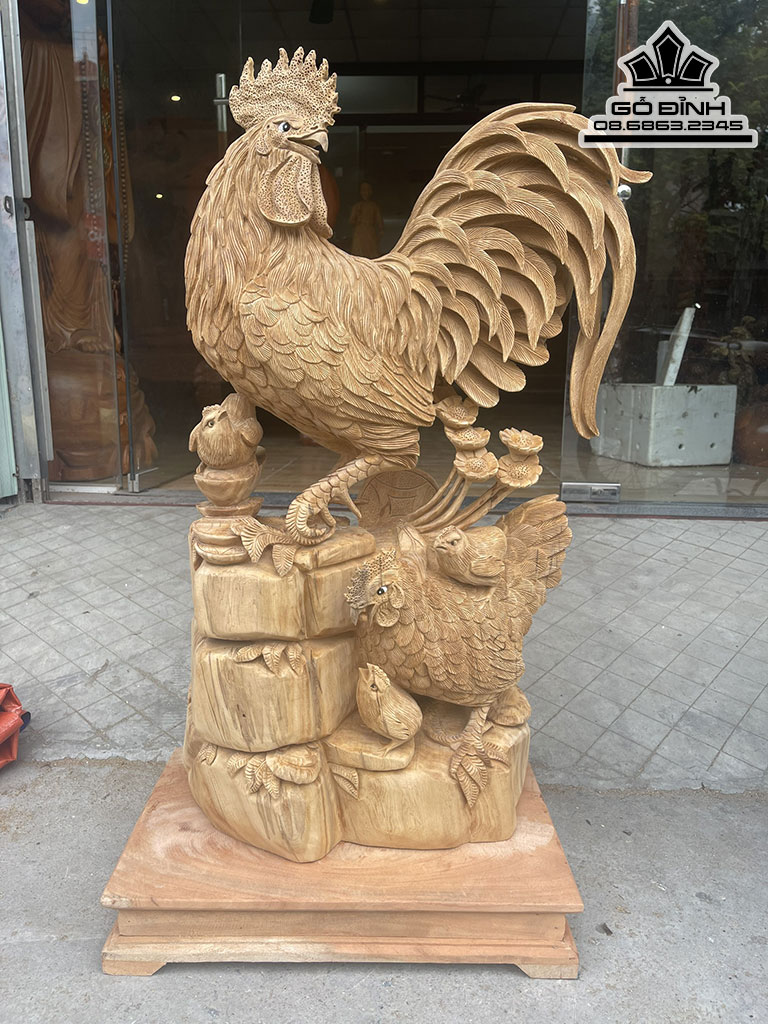 Tượng Gia Đình Gà Gỗ Ngọc Am Nguyên Khối Cao 83 Ngang 44 Sâu 23 Cả Kỷ 91 (cm)