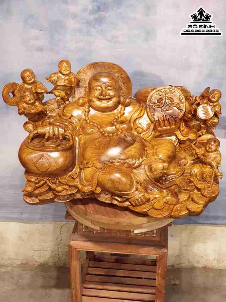 Tượng Phật Di Lặc Ngũ Phúc Gỗ Hương  Cao 40 Rộng 80 Sâu 55 (cm)