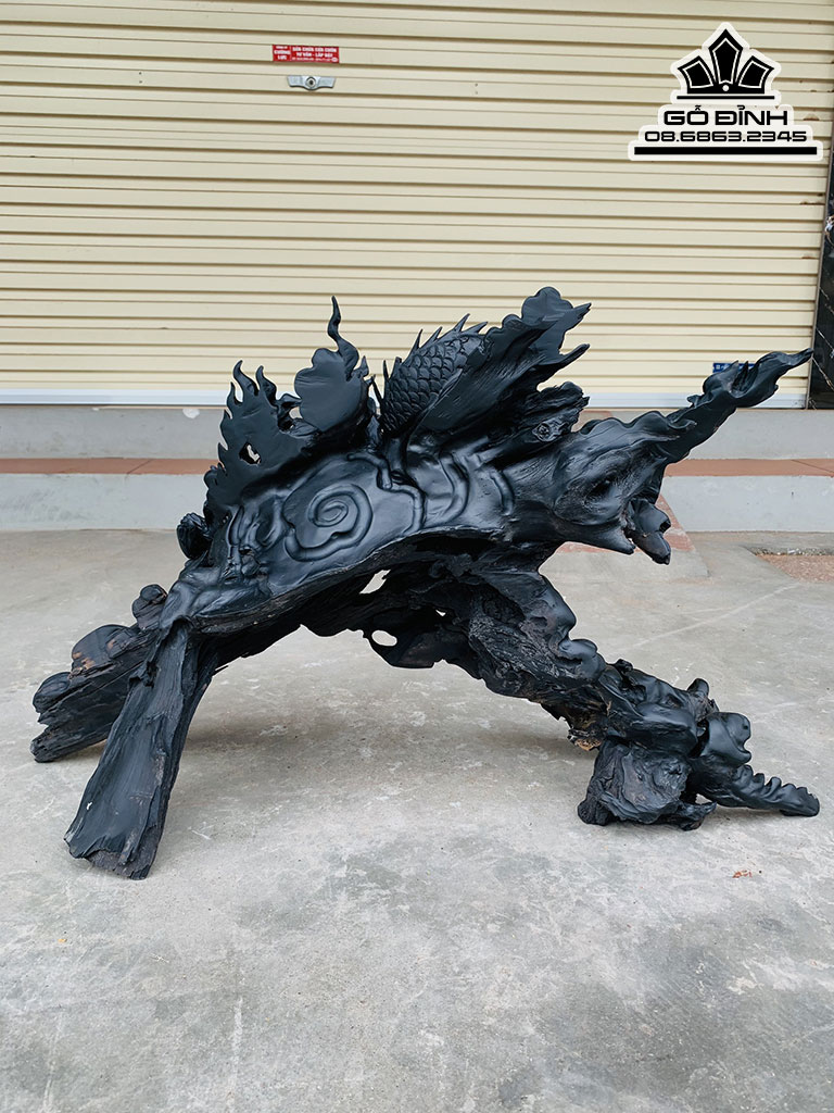 Tượng Nhất Long Vờn Ngọc Gỗ Mun Sừng Cao 51 Ngang 86 Sâu 38 (cm)