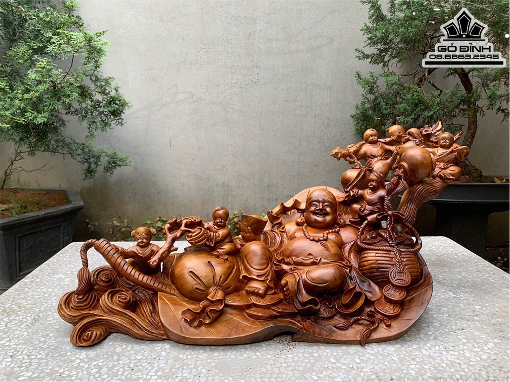 Tượng Phật Di Lặc Ngồi Quạt Ba Tiêu Gỗ Xá Xị Cao 36 Ngang 93 Sâu 42 (cm)