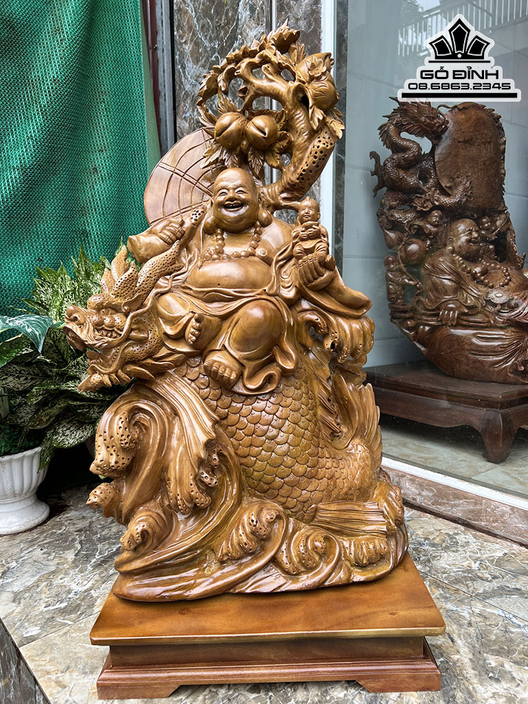 Tượng Phật Di Lặc Ngự Cá Chép Gỗ Hương Việt Nguyên Khối Cao 90 Ngang 46 Sâu 30 (cm)