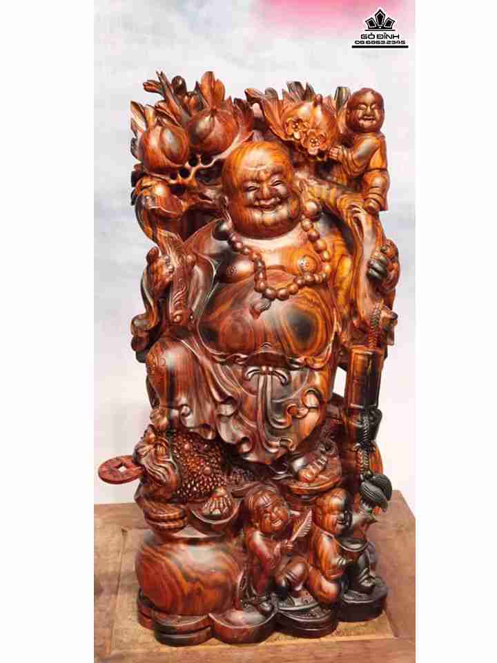 Tượng Phật Di Lặc Tam Phúc Gỗ Trắc  Cao 47 Rộng 23 Sâu 15 (cm)