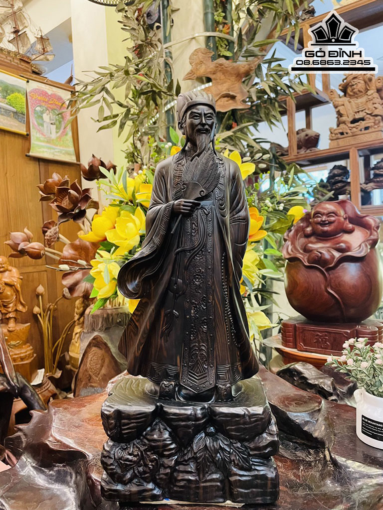 Tượng Khổng Minh Tiên Sinh Gỗ Mun Hoa Nguyên Khối Cao 50 Ngang 20 Sâu 11 (cm)