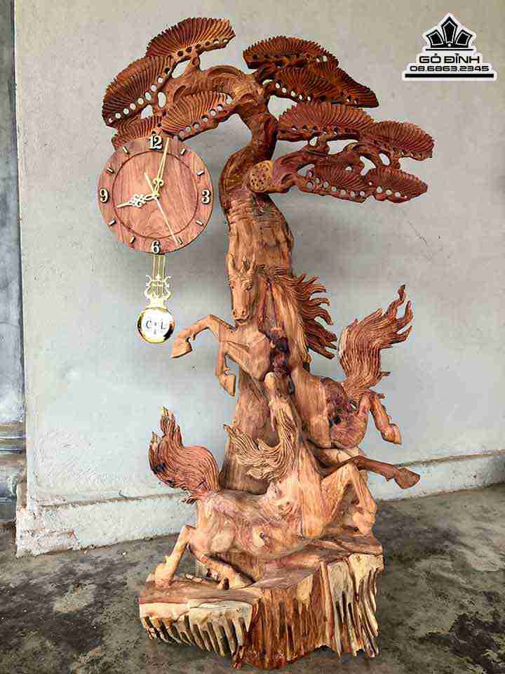 Đồng Hồ Song Mã Gỗ Hương  Cao 107 Rộng 60 Dày 29 (cm)