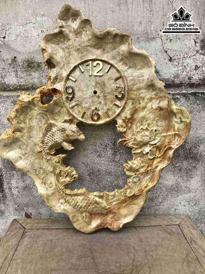 Đồng Hồ Song Ngư Gỗ Nu Nghiến  Cao 55 Rộng 46 Dày 2.5 (cm)
