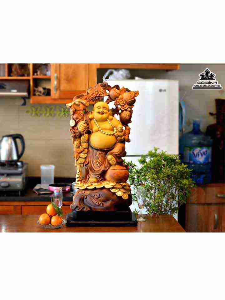 Tượng Phật Di Lặc Tam Phúc Gỗ Bách Xanh  Cao 75 Rộng 45 Dày 25 (cm)