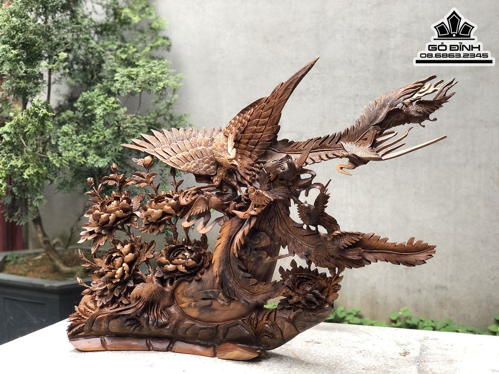 Tượng Phượng Hoàng Mai Điểu Gỗ Bách Xanh Cao 70 Ngang 90 Sâu 25 (cm)
