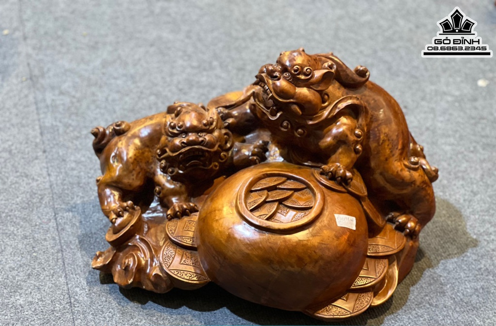 Tượng Song Nghê Trấn Bình Gỗ Nu Ngọc Am Cao 30 Ngang 58 Sâu 45 (cm)