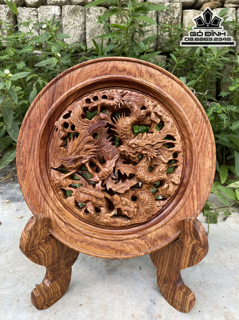 Đĩa Tứ Linh Gỗ Hương Việt Cao 32 Đường Kính 25 Sâu 4 (cm)